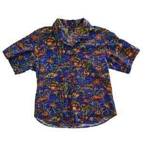 Toucan Dance blue multicolored aquatic fish short Sleeve button down shi…